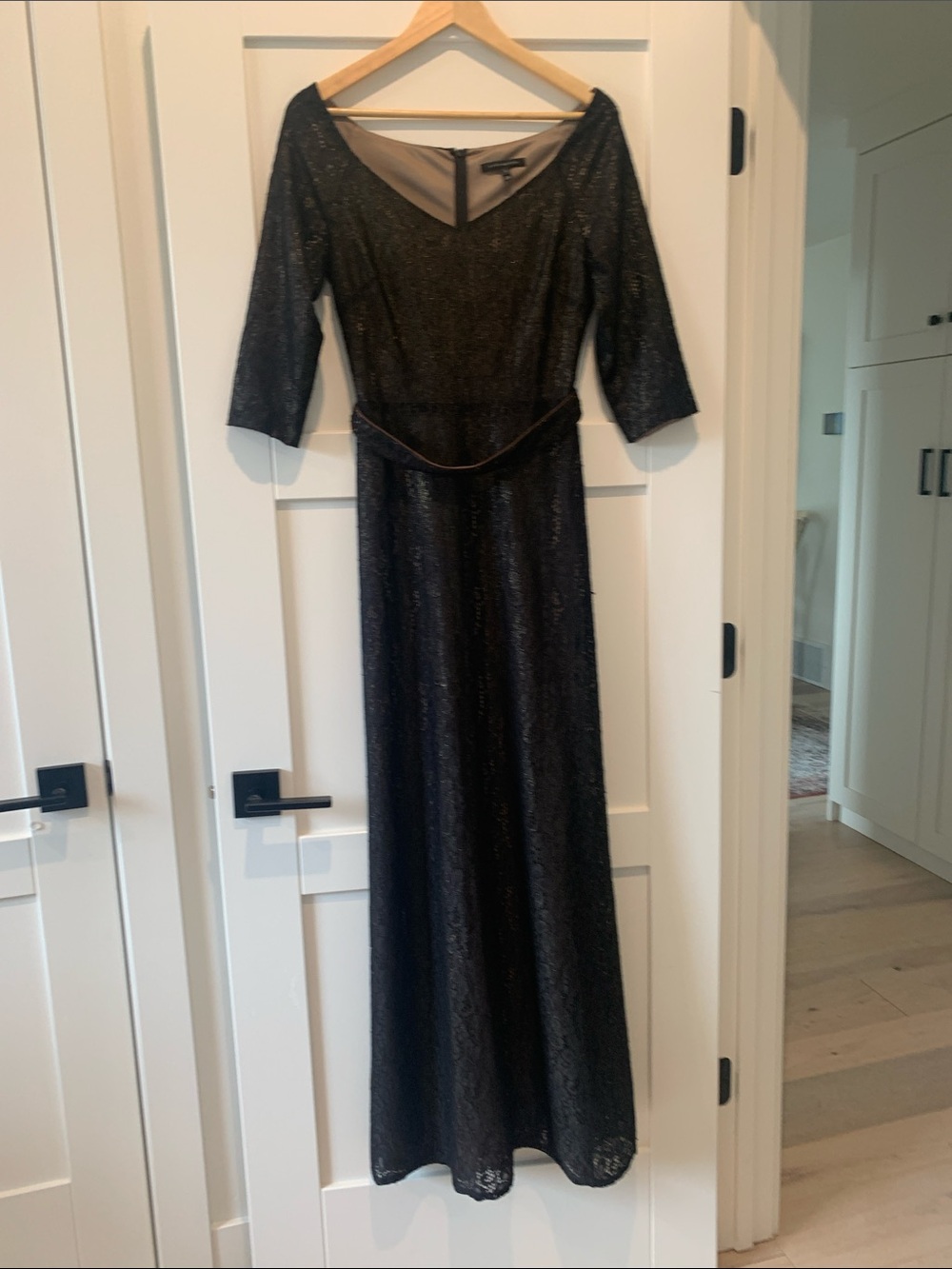 David Meister Black Lace Metallic Maxi Dress with Three-Quarter Sleeves